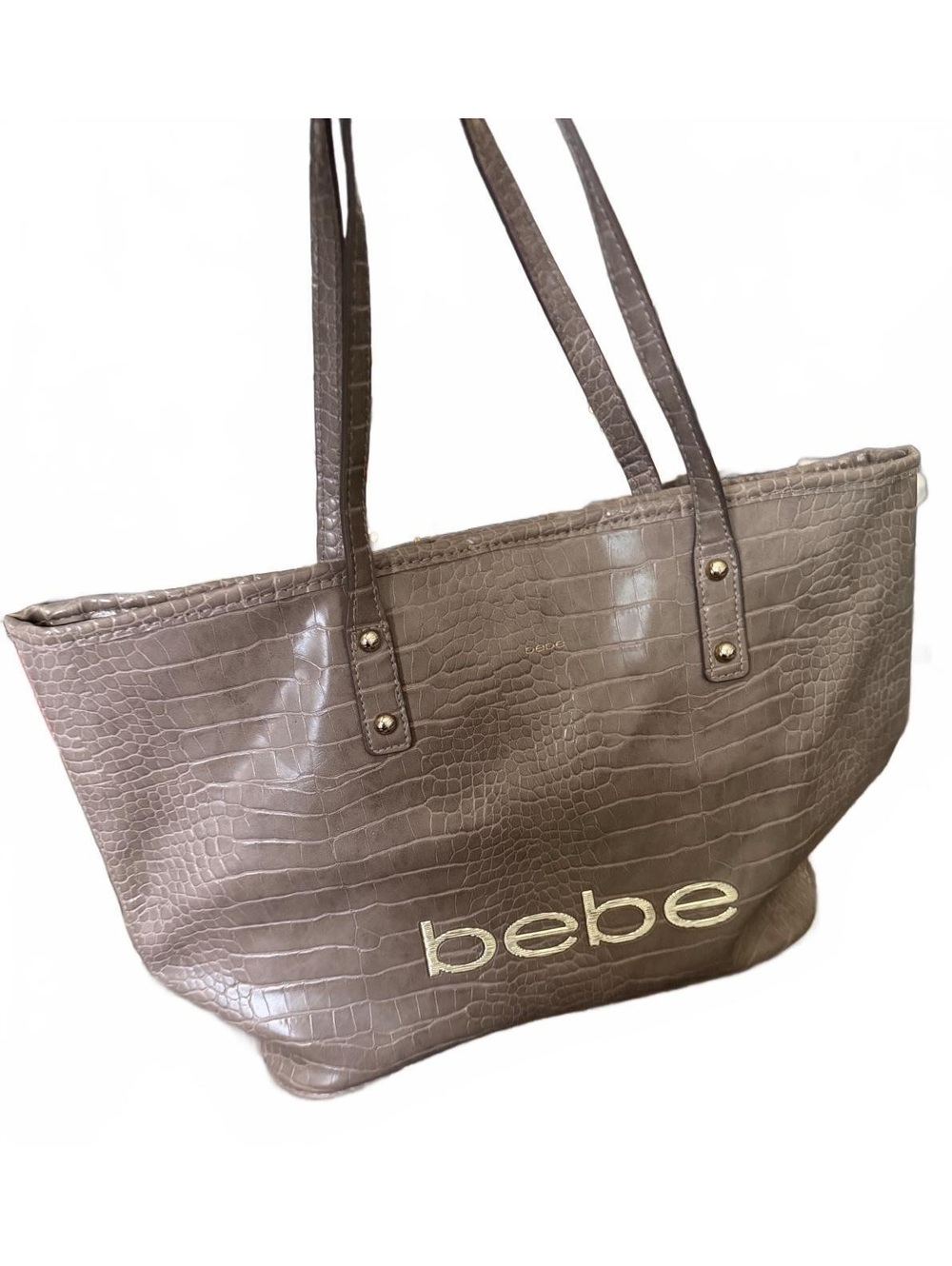 Vintage Bebe Embossed Croc Tote Shoulder Bag Brown Faux Leather Large Logo Purse